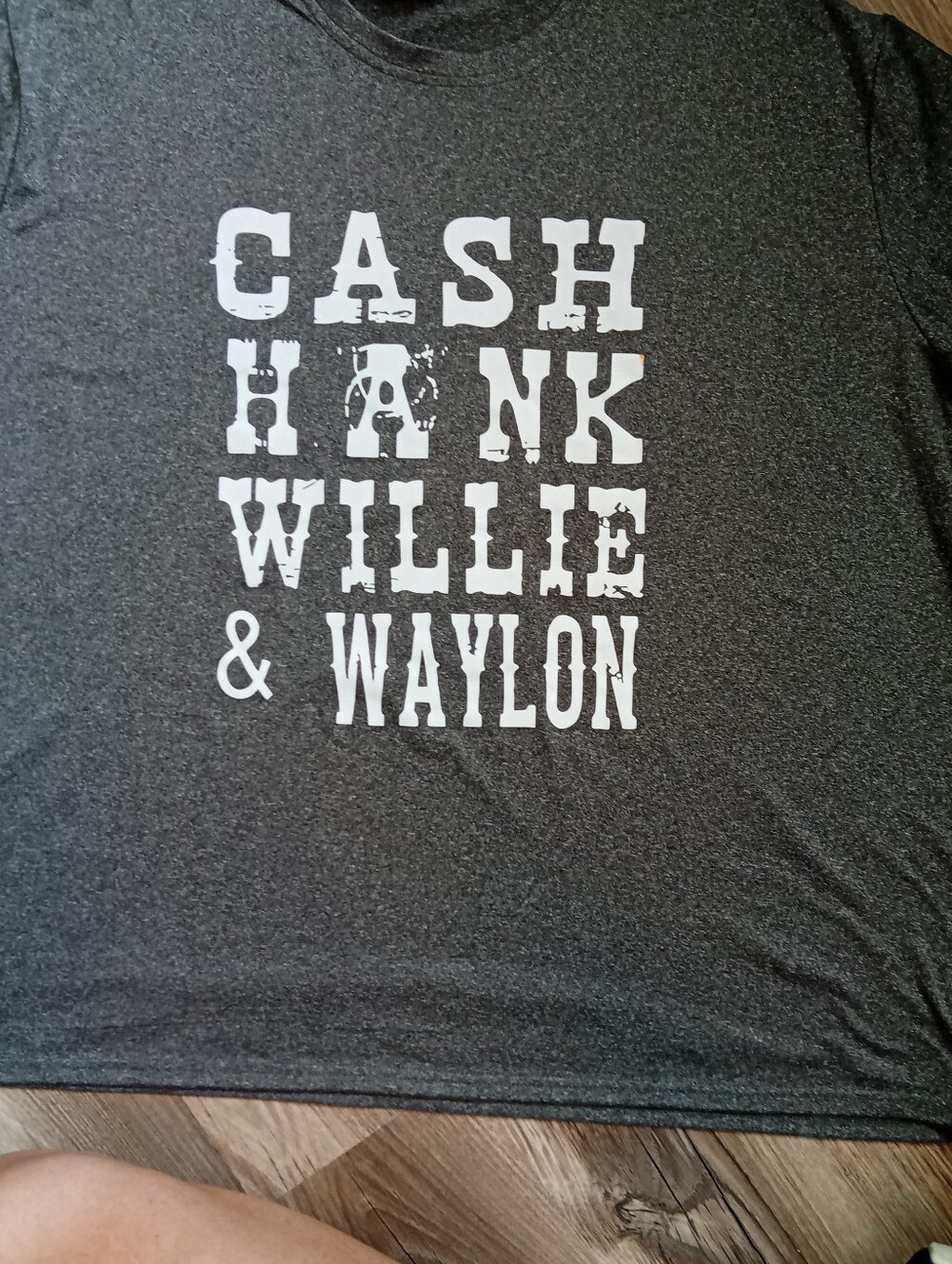 Cash Hank Willie & Waylon Dark Gray Tee with White Distressed Musician  Names - Picture 4 of 4
